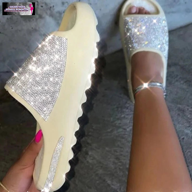 Sparkling Rhinestone Slide Sandals - Non-Slip Platform for Summer - Size Chart Available