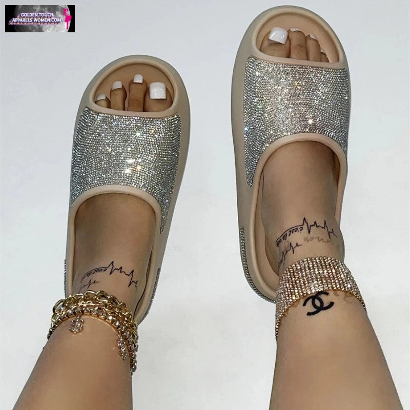 Sparkling Rhinestone Slide Sandals - Non-Slip Platform for Summer - Size Chart Available
