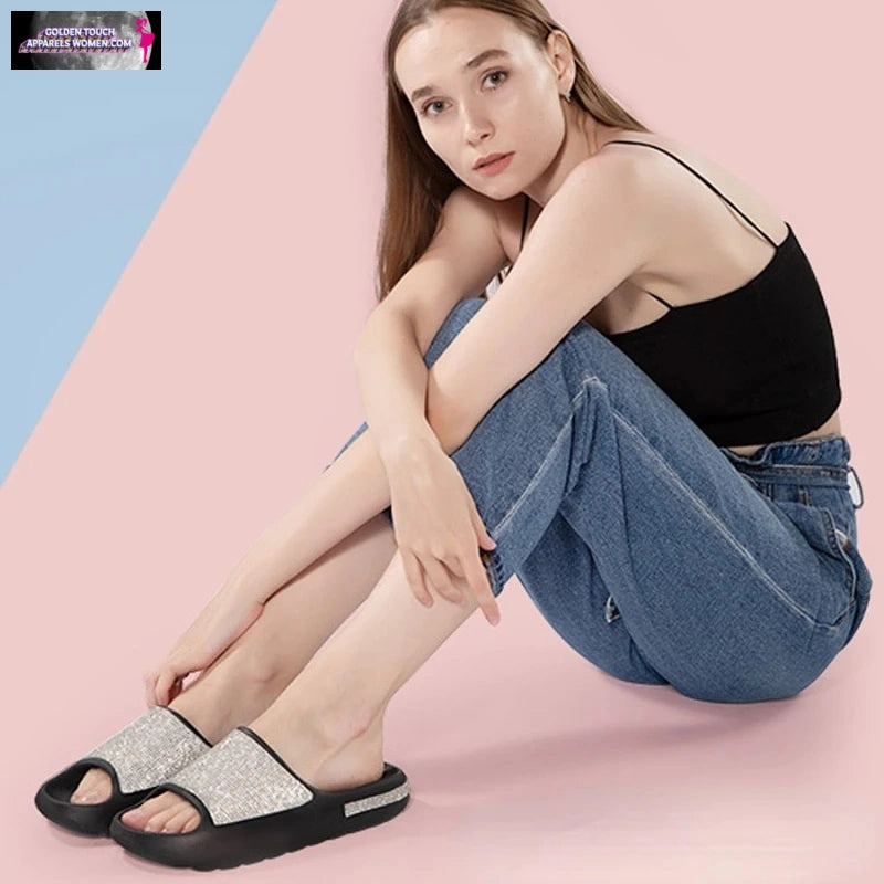 Sparkling Rhinestone Slide Sandals - Non-Slip Platform for Summer - Size Chart Available