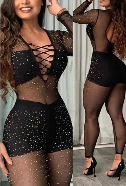 2023 Sexy Deep V-neck Hollow Out Rhinestone Backless Skinny Jumpsuit.