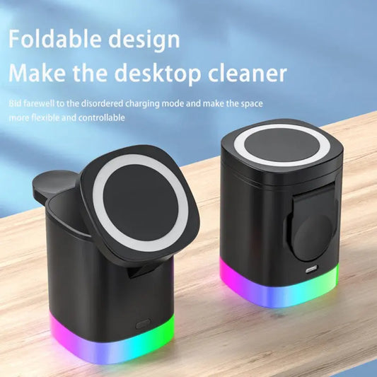 3in1 Magnetic Wireless Fast Charger For Smart Phone RGB Ambient Light Charging Station For Airpods IWatch.