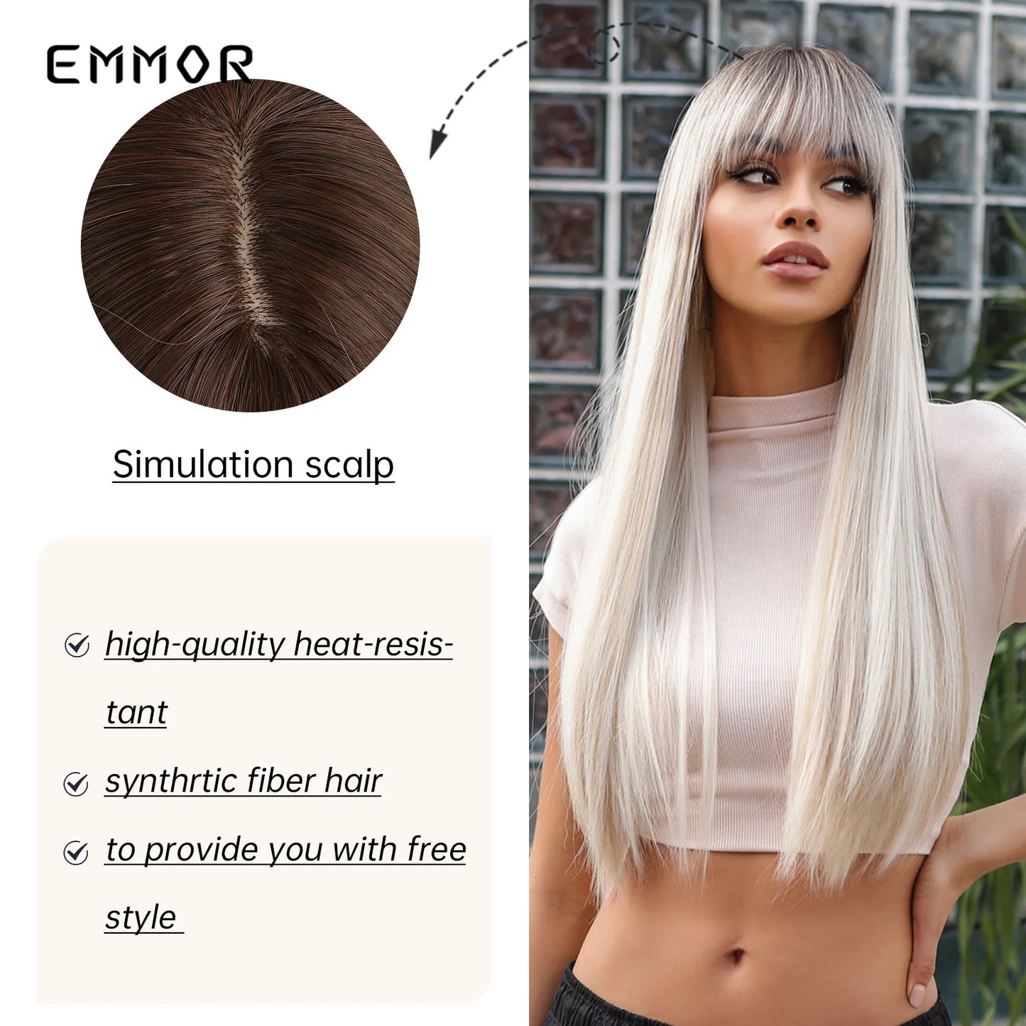 Platinum Blonde White Wig with Bang - Long Natural Straight Cosplay Wig for Women - Heat Resistant Synthetic Hair