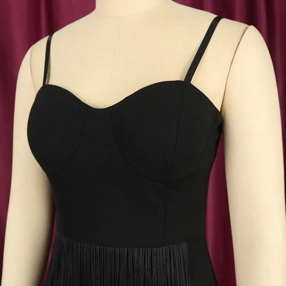 Black Plus Size Long Dresses Spaghetti Strap High Waist Tassel Evening Cocktail Party Gowns Fringe Outfits Autumn.