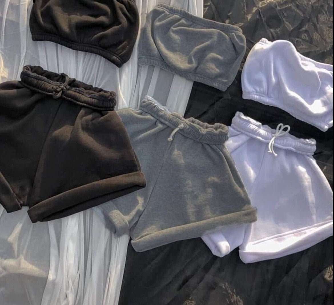 Women's Black and White Two Piece Set - Summer Crop Top and Biker Shorts Outfit for Sweatsuits or Tracksuits