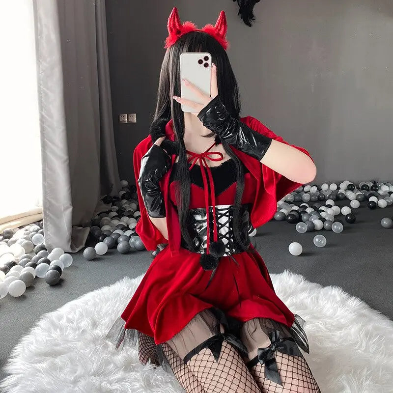 Christmas Girl Bad Santa Claus Cape Dress Uniform/ Women Black Hooded Shawl Xmas Outfits Cosplay Costumes.