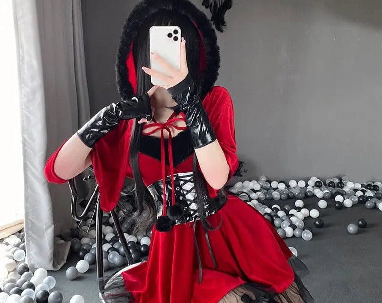 Christmas Girl Bad Santa Claus Cape Dress Uniform/ Women Black Hooded Shawl Xmas Outfits Cosplay Costumes.