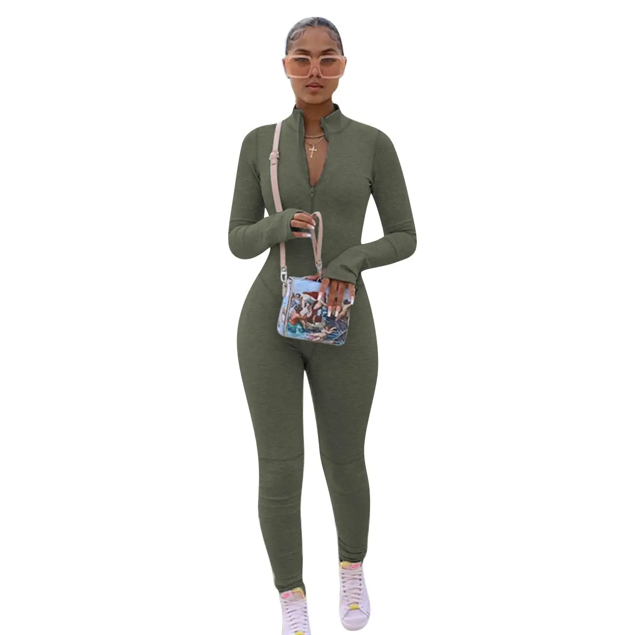 Echoine Zipper Long Sleeve Jumpsuit Green Gray Skinny Bodycon Sexy Rompers Autumn Rompers Party Clubwear Outfits Overalls Women.