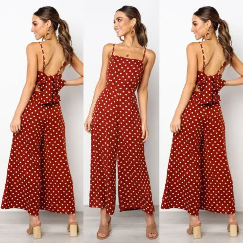 Elegant Sexy Jumpsuits Women Sleeveless Polka Dots Loose Baggy Pants Rompers Bow Backless Bodysuits Jumpsuits.