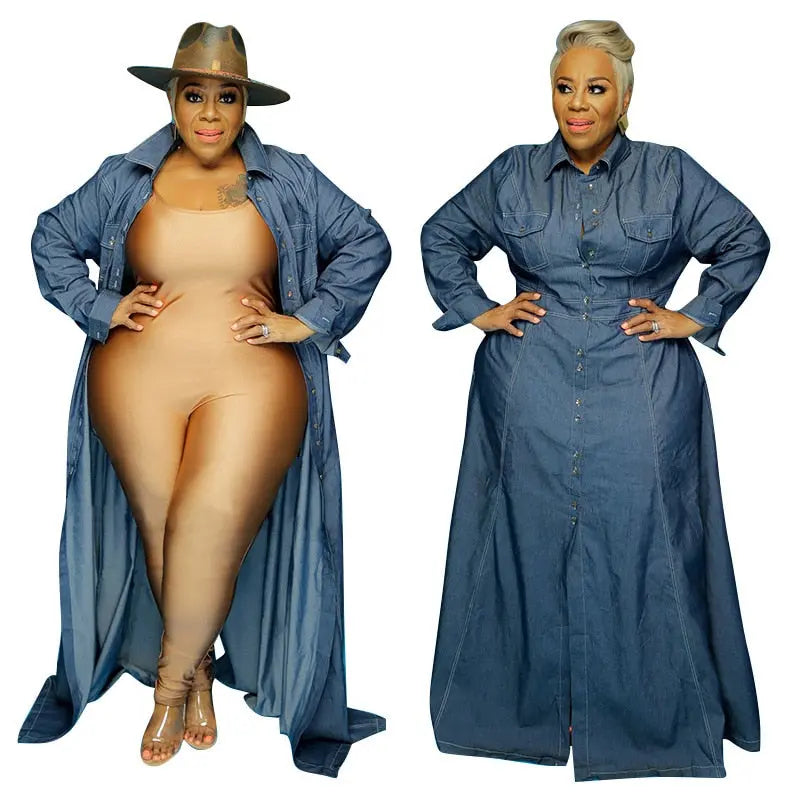 Fall Clothes Maxi Dresses for Women Turn Down Collar Casual Long Sleeve Dress Plus Size Women Denim Dress Wholesale Dropshipping.