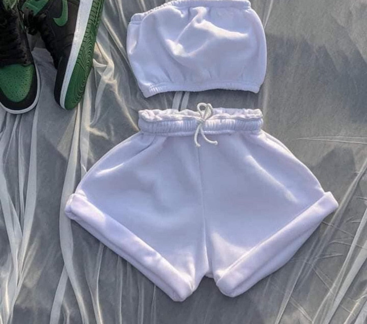Women's Black and White Two Piece Set - Summer Crop Top and Biker Shorts Outfit for Sweatsuits or Tracksuits