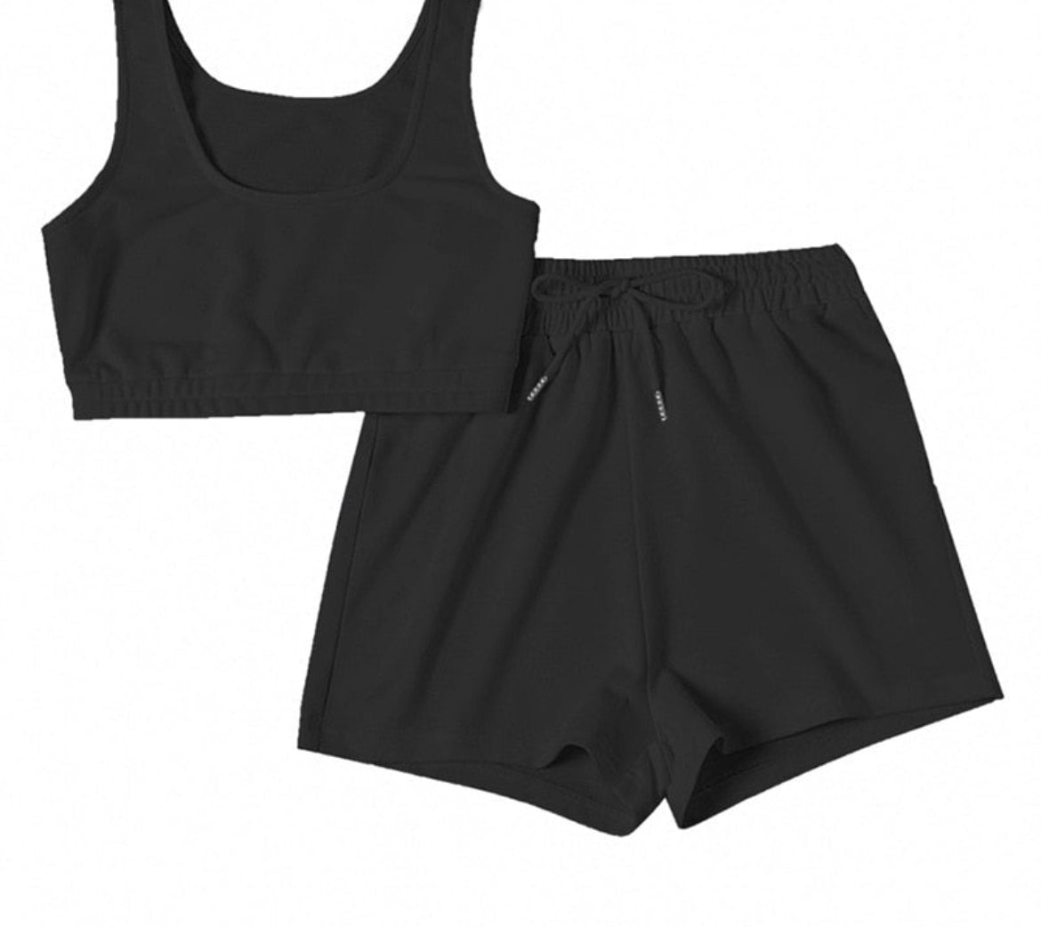 Women's Black and White Two Piece Set - Summer Crop Top and Biker Shorts Outfit for Sweatsuits or Tracksuits