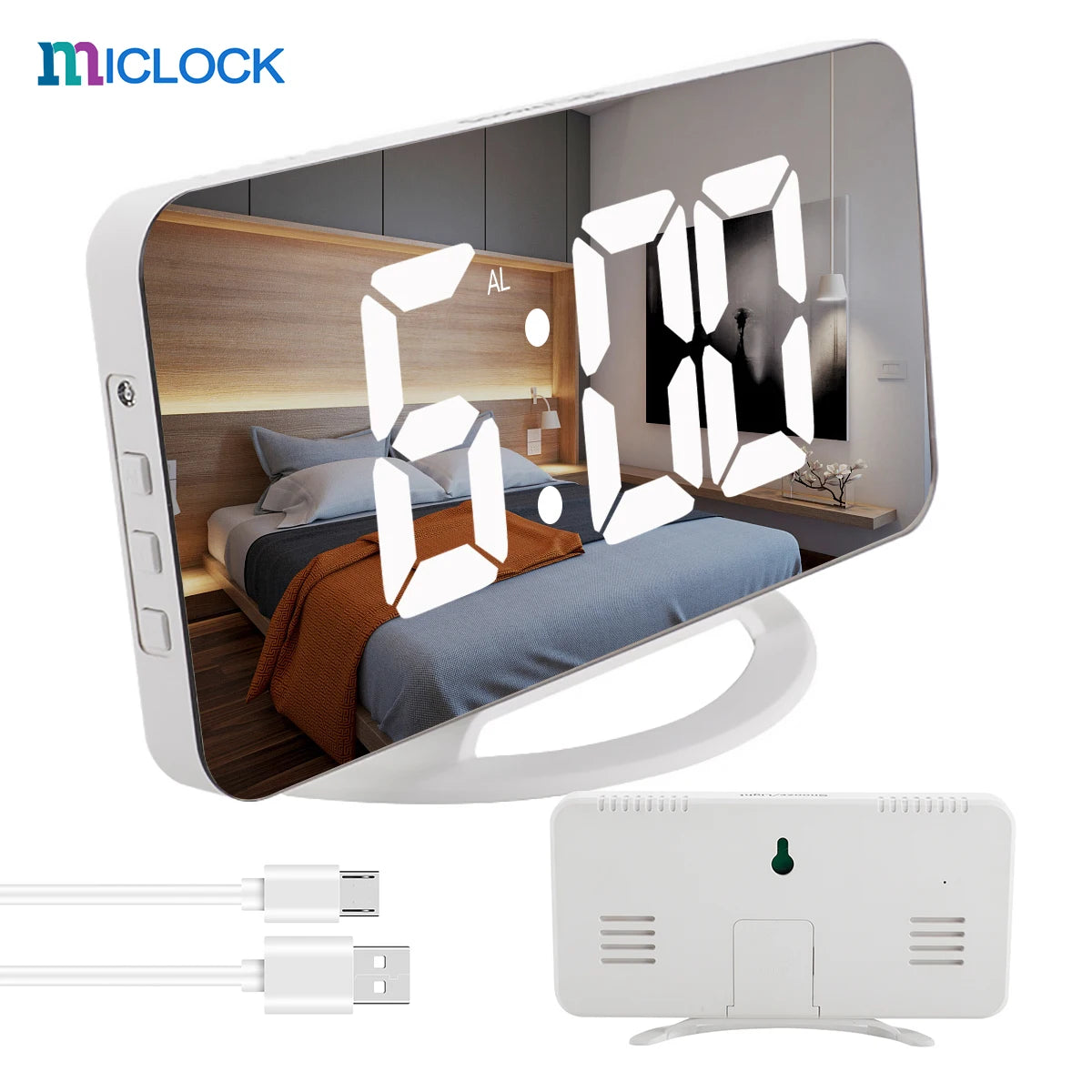 Digital Alarm Clock 7" Large LED Mirror Electronic Clocks with Touch Snooze Dual USB Charge Desk Wall Modern Clocks