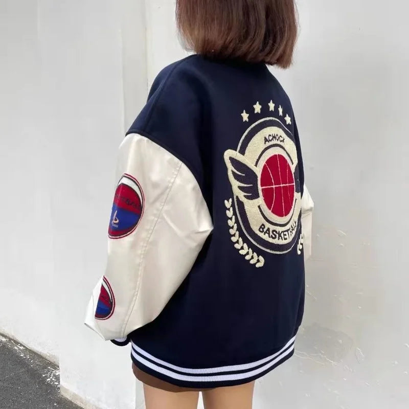 Retro American Letter Embroidered Flocked Baseball Jacket - Y2K Street Hip-Hop Style, 2021 New College Couple Outfit
