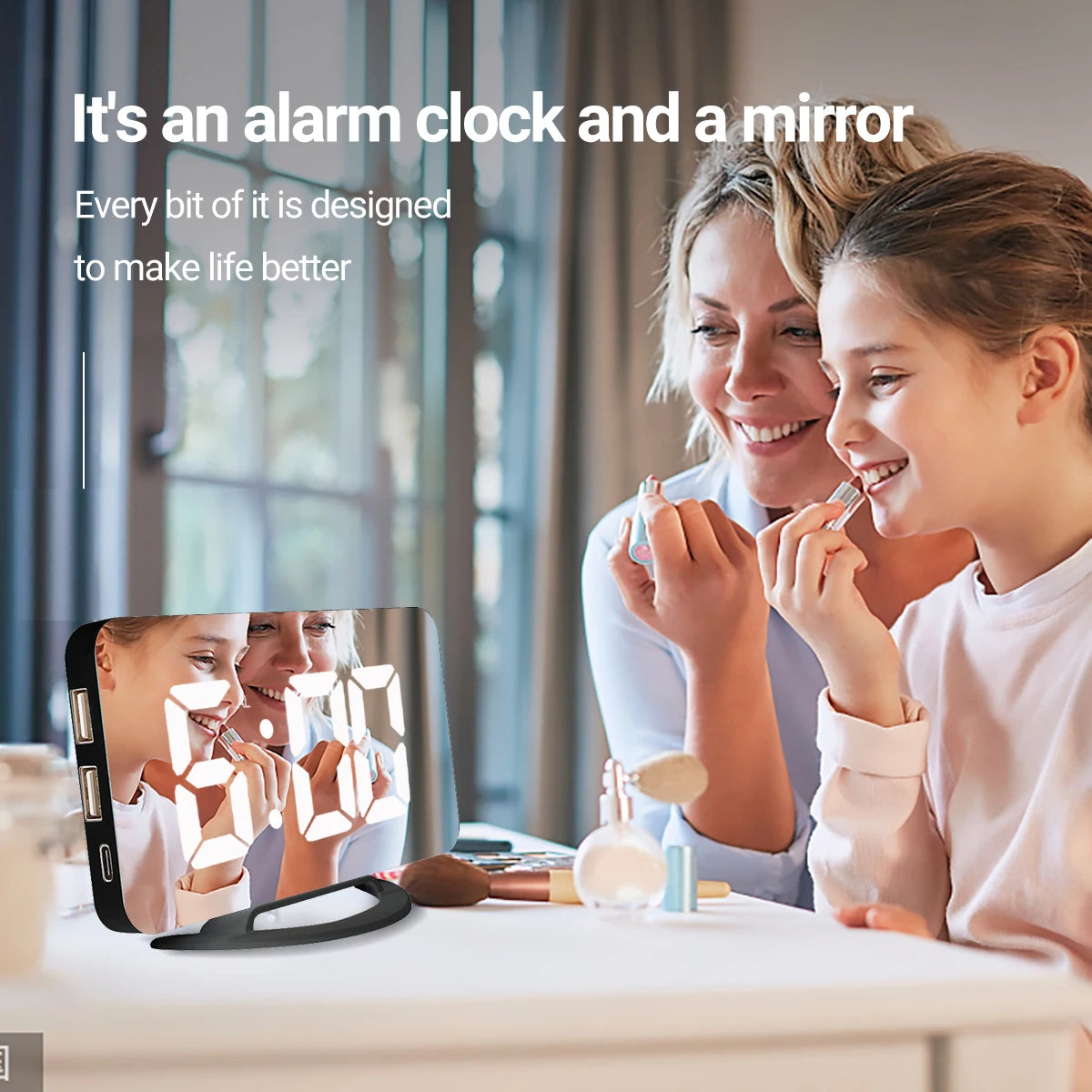 Digital Alarm Clock 7" Large LED Mirror Electronic Clocks with Touch Snooze Dual USB Charge Desk Wall Modern Clocks