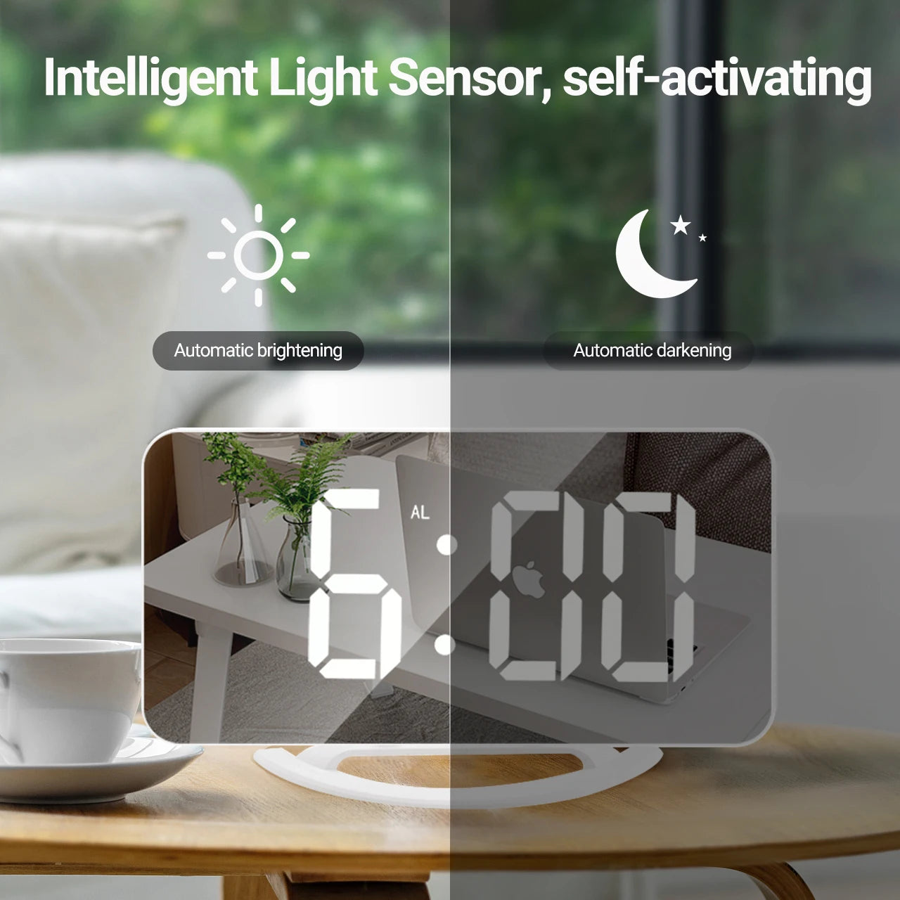 Digital Alarm Clock 7" Large LED Mirror Electronic Clocks with Touch Snooze Dual USB Charge Desk Wall Modern Clocks