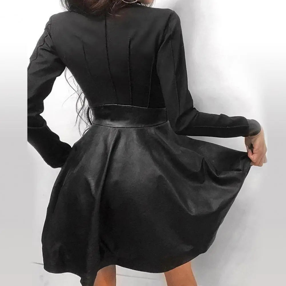Elegant Lace Faux Leather Mini Dress with Zipper Pocket and Large Hem - Women's Clothing (5XL)