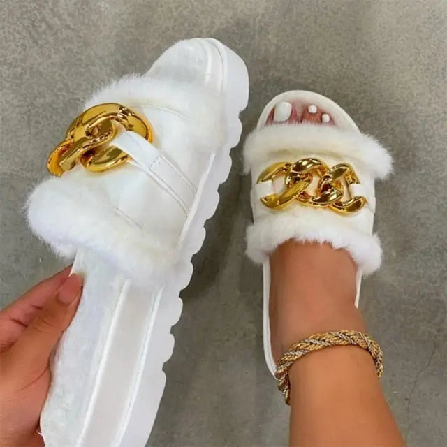 Luxury Fur Rhinestone Slippers for Women.