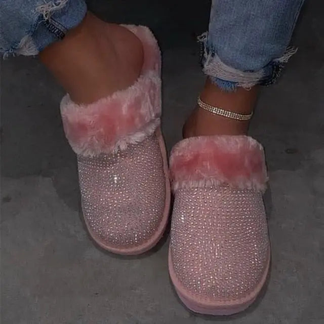 Luxury Fur Rhinestone Slippers for Women.