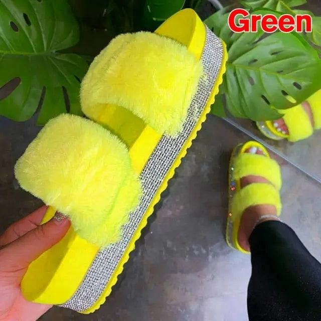 Luxury Fur Rhinestone Slippers for Women.