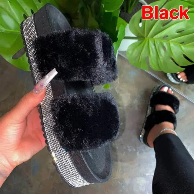 Luxury Fur Rhinestone Slippers for Women.