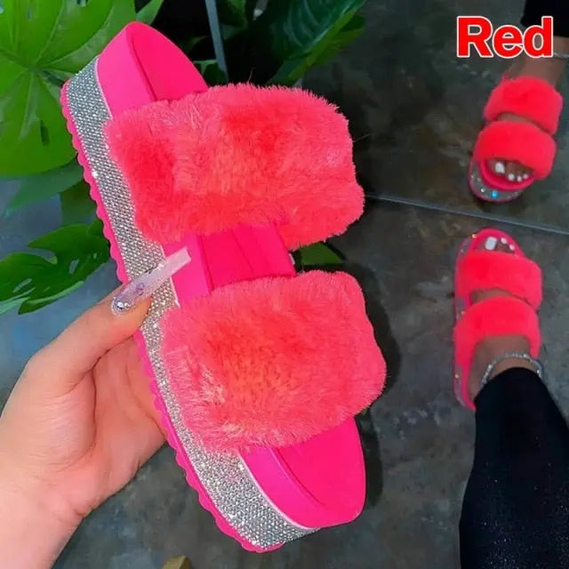 Luxury Fur Rhinestone Slippers for Women.