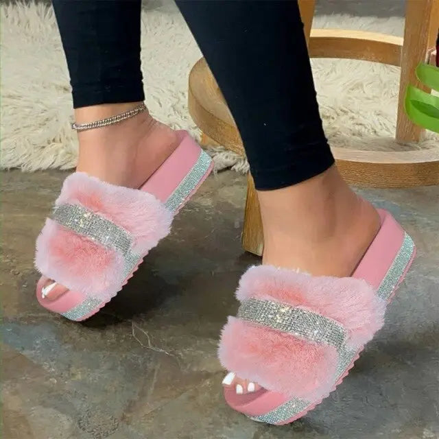 Luxury Fur Rhinestone Slippers for Women.