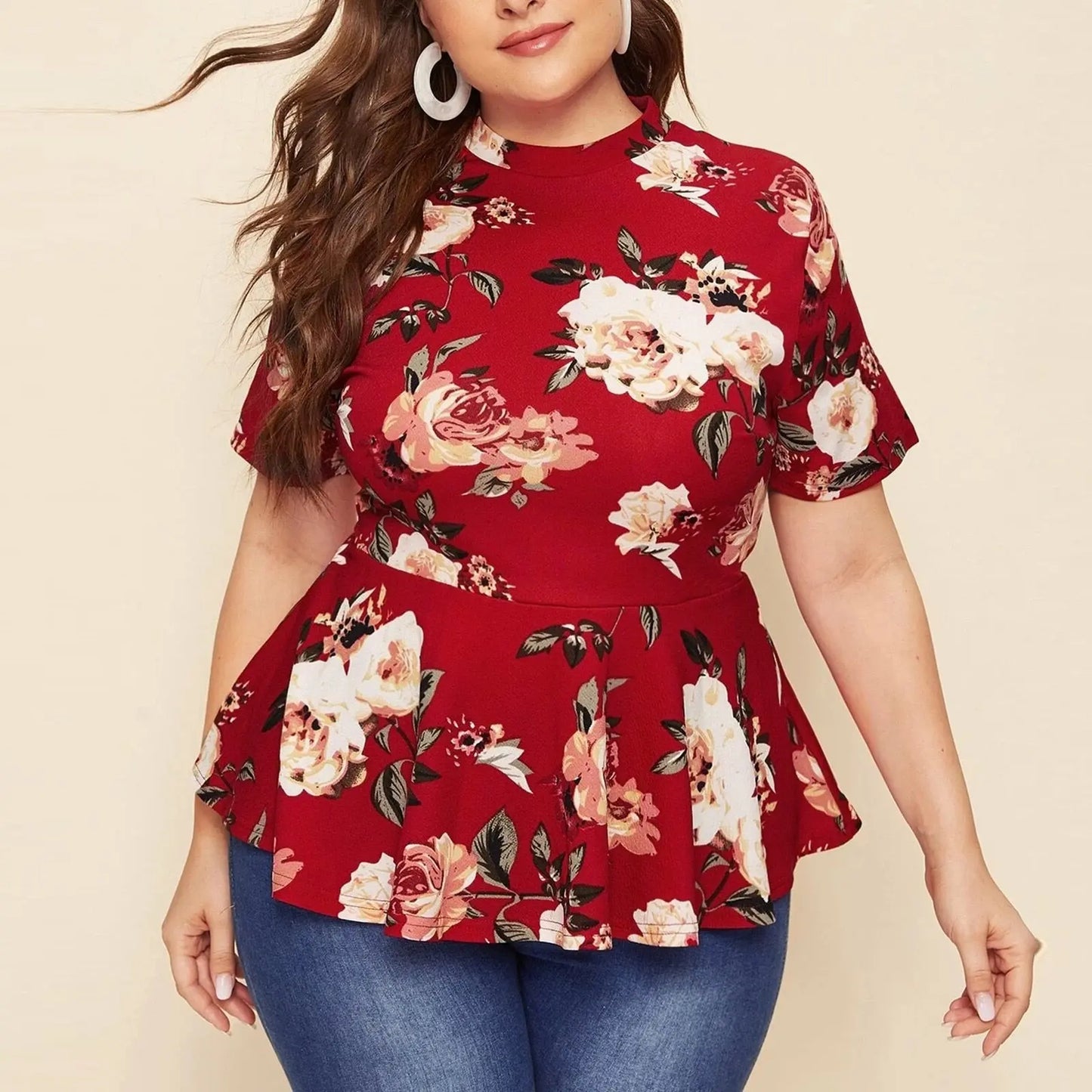 Mock Neck Floral Print Tops Women Plus Size Spring Summer Boho Casual Peplum Slim Fit Blouse Short Sleeve Female Tops.