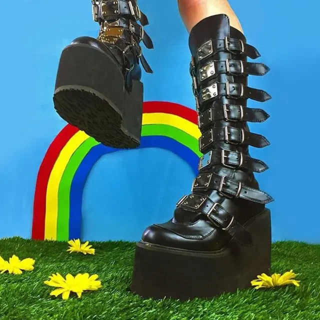 New Gothic Knee High Platform Wedge High Heels.