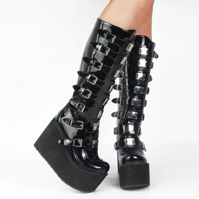 New Gothic Knee High Platform Wedge High Heels.
