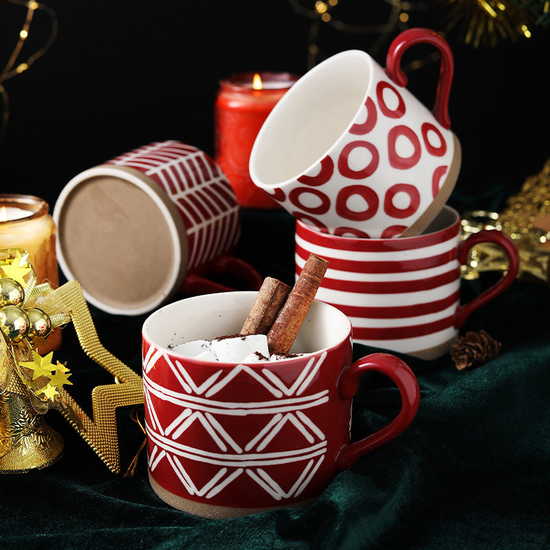 Red handmade cup bottom crude ceramic craft mug creative Christmas gift hand drawn ceramic cup cereal cup