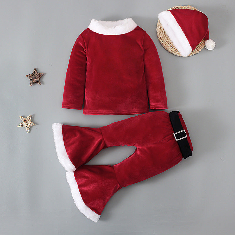 Boys, Girls, Europe, America, Spring, Autumn and Winter Christmas Long Sleeve Top + Flared Pants + Hat Three-piece Children's Clothing
