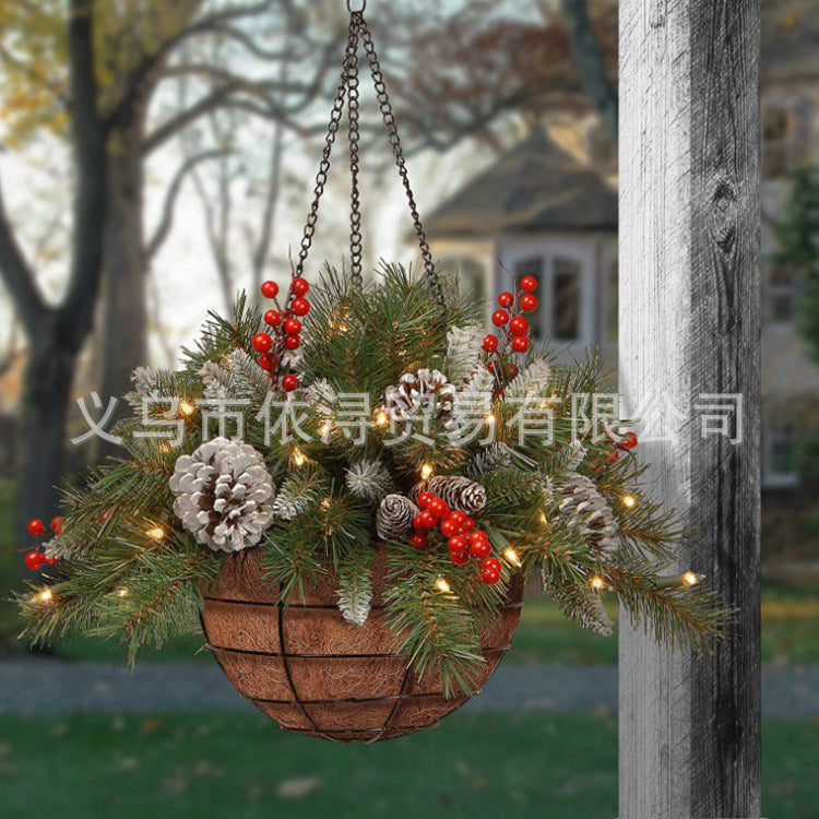 Christmas hanging basket wreath decoration Christmas artificial hanging basket Christmas simulation pine cones pine needles green plants hanging basket wreath