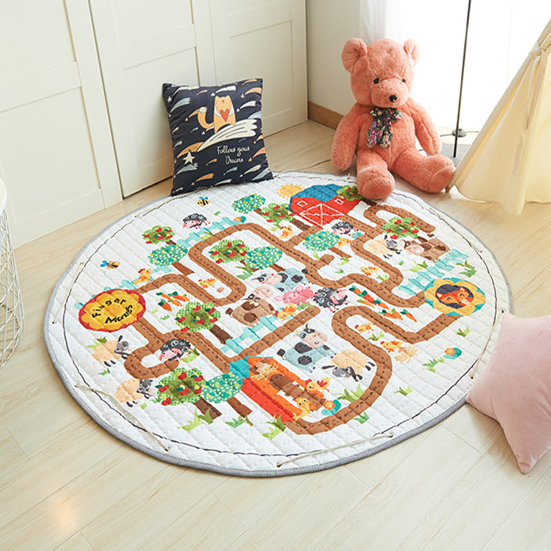 Thickened Cotton Infant Children's Toys Storage Play Mat - Round Cartoon Crawling Mat for Outings and Floor Activities