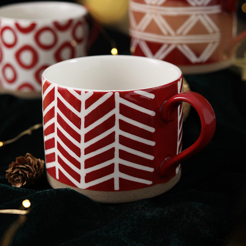 Red handmade cup bottom crude ceramic craft mug creative Christmas gift hand drawn ceramic cup cereal cup