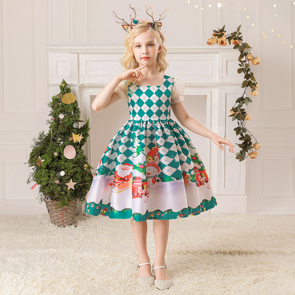 2022 new Christmas children's clothing dress cartoon printed satin cloth performance dance performance clothing