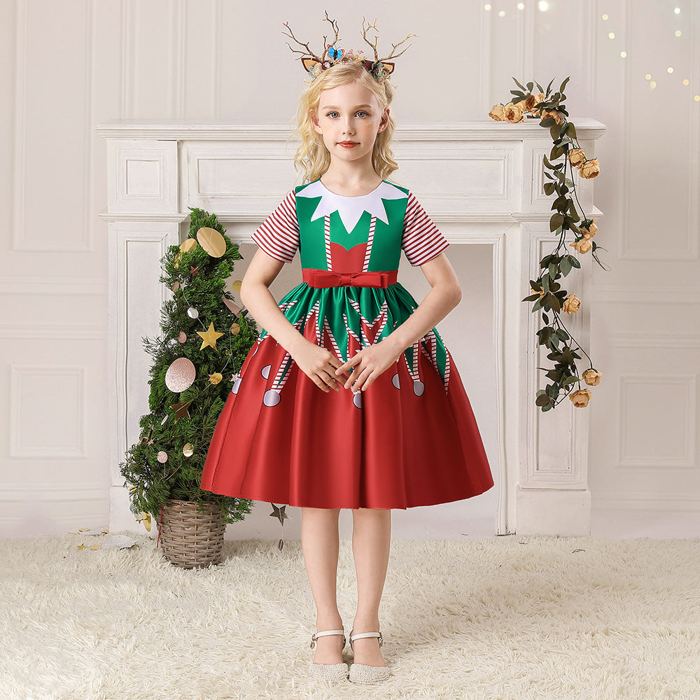 2022 new Christmas children's clothing dress cartoon printed satin cloth performance dance performance clothing