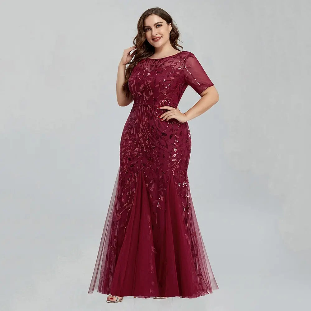 Plus Size Sequin Mesh Mermaid Slim Evening Dress Beaded Leaves Pattern Formal Women Elegant Party Prom Gowns Short Sleeve.
