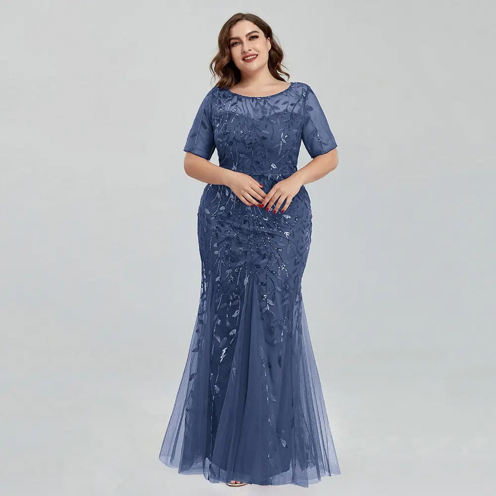 Plus Size Sequin Mesh Mermaid Slim Evening Dress Beaded Leaves Pattern Formal Women Elegant Party Prom Gowns Short Sleeve.