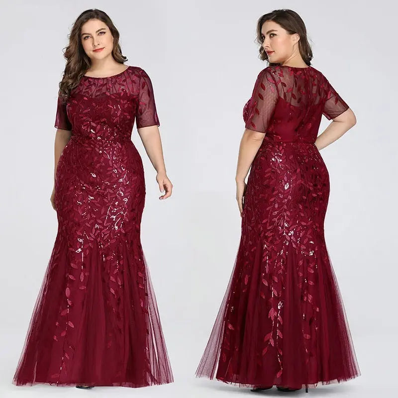 Plus Size Sequin Mesh Mermaid Slim Evening Dress Beaded Leaves Pattern Formal  Women Elegant Party Prom Gowns Short Sleeve.