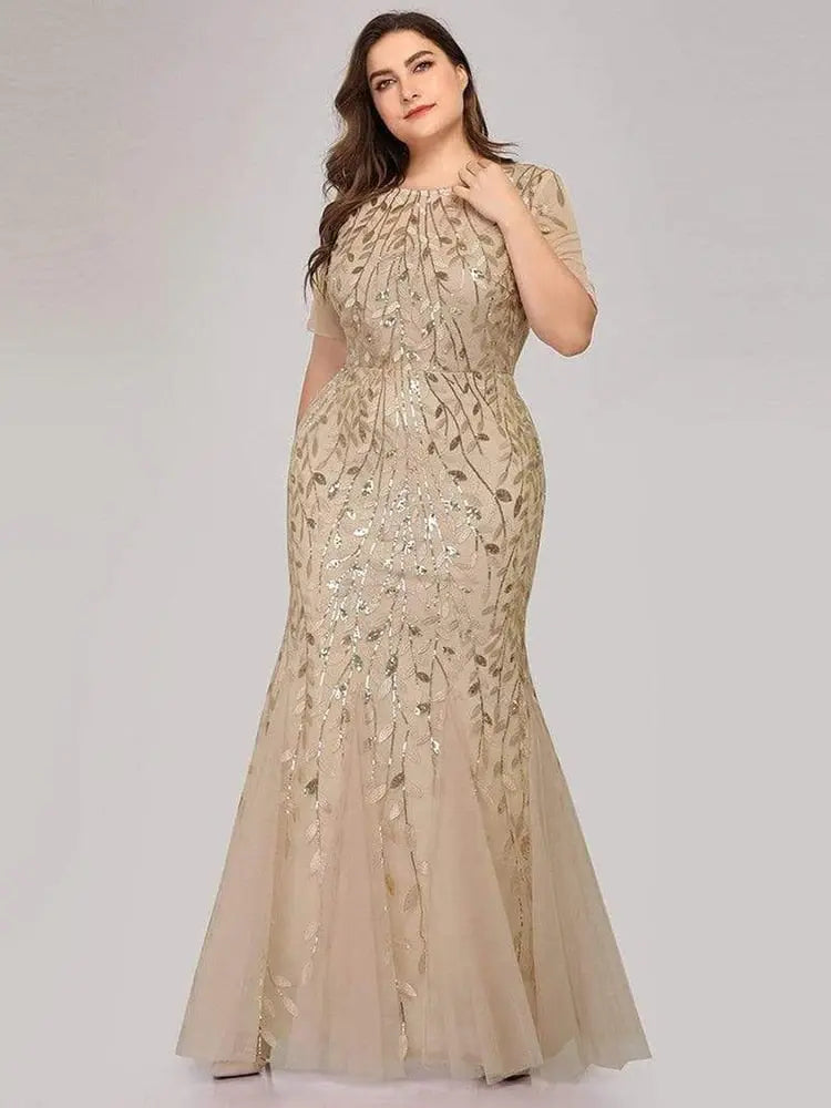 Plus Size Sequin Mesh Mermaid Slim Evening Dress Beaded Leaves Pattern Formal  Women Elegant Party Prom Gowns Short Sleeve.