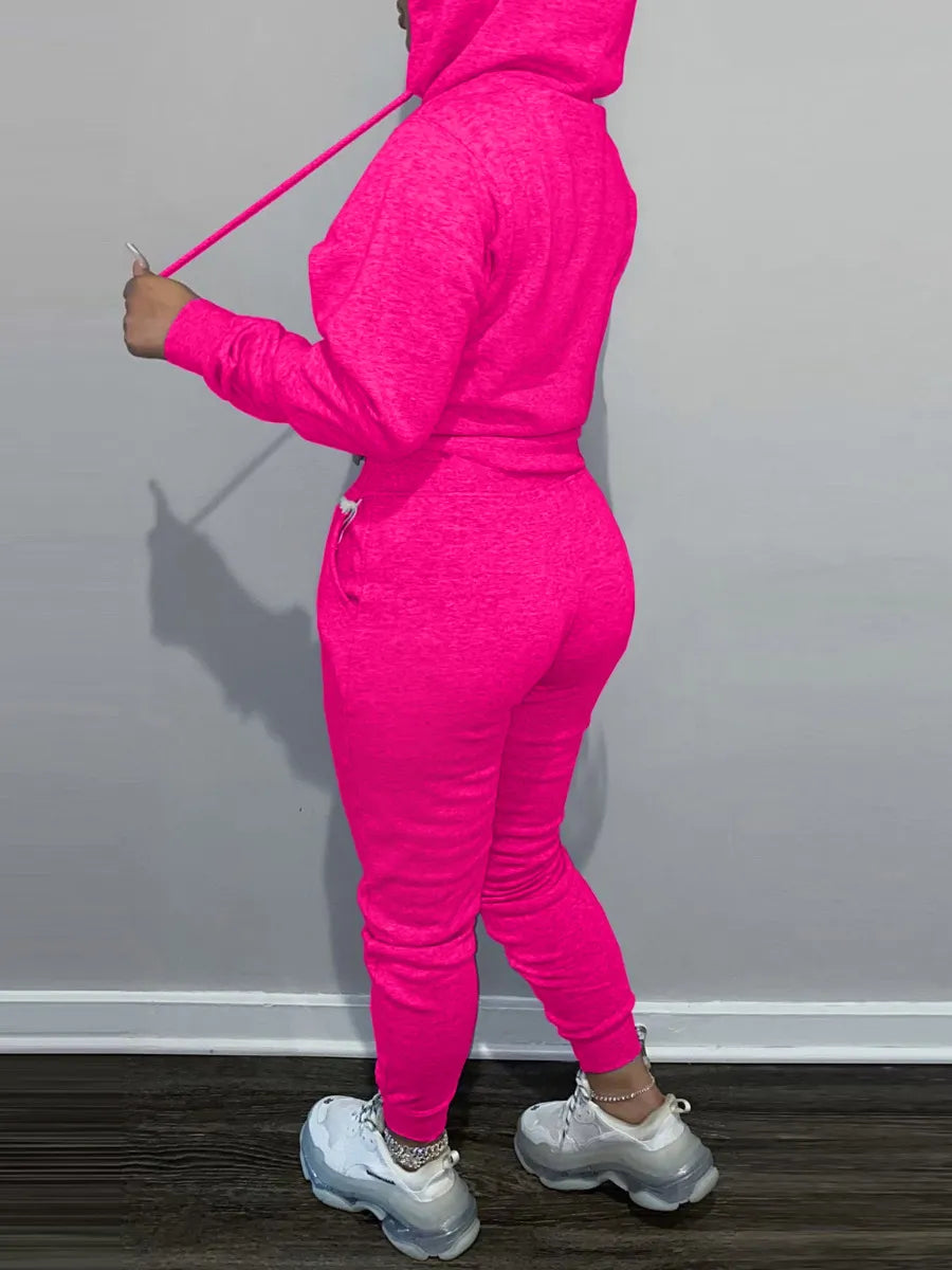 "Women's Lace-Up Hooded Tracksuit with Kangaroo Pocket and Drawstring - Sporty Two-Piece Workout Suit"