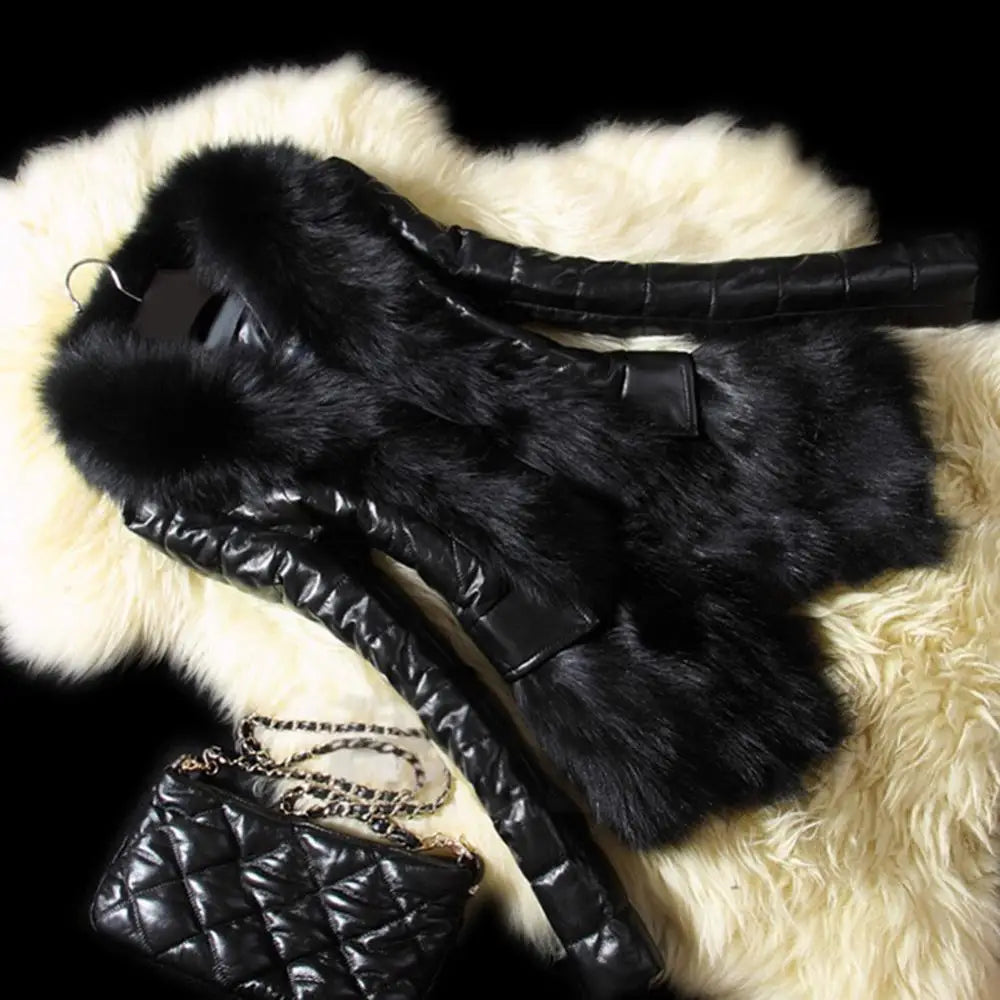 Faux Fur Collar Leather Fleece Lining and Faux Rabbit Fur Trim - Winter Luxury Jacket