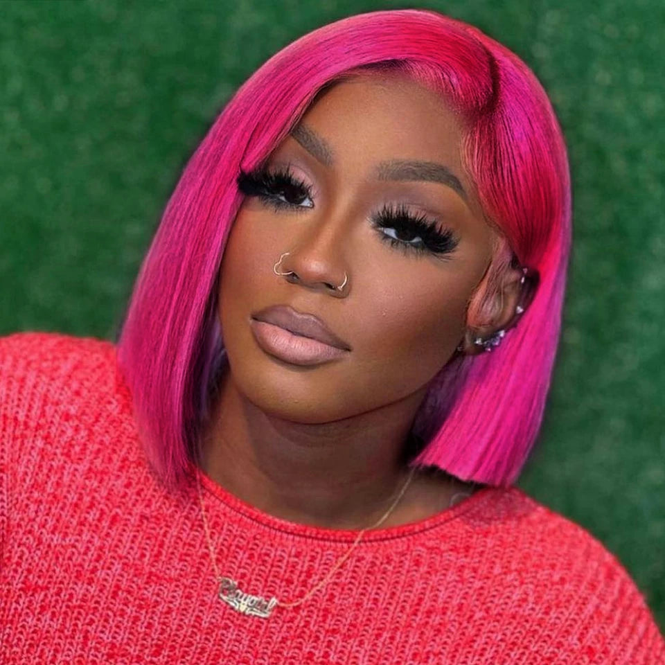 Premium Hot Pink Short Hair Wigs with 13x4 HD Transparent Lace Front for Sale