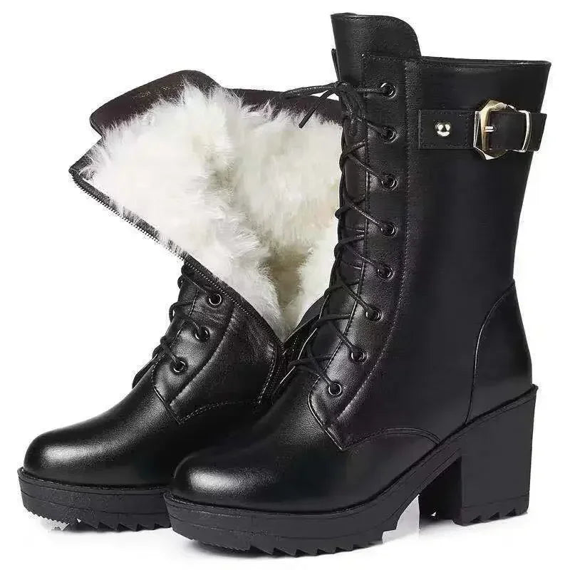 "2023 Winter Women's High-Heeled Genuine Leather Snow Boots - Thick Wool Lining, Warm and Stylish Winter Footwear for Women"