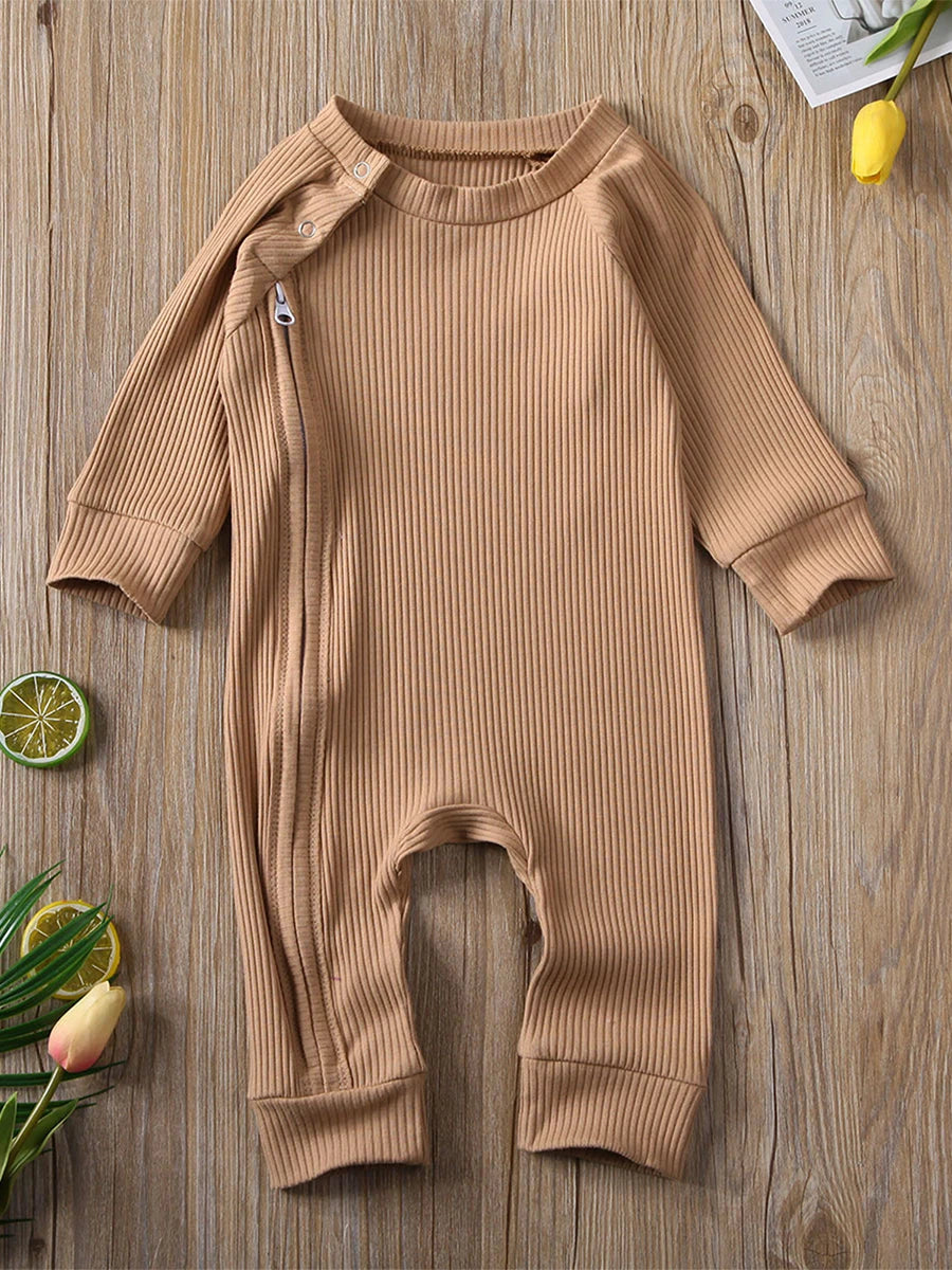 Title: Cozy Baby Ribbed Romper - Long Sleeve Crewneck Jumpsuit with Zipper Closure