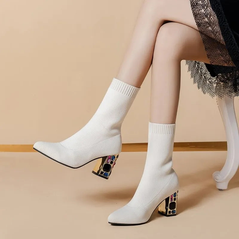 2023 Women's High-heeled Socks Boots with Pointed Toe and Mid-tube Design