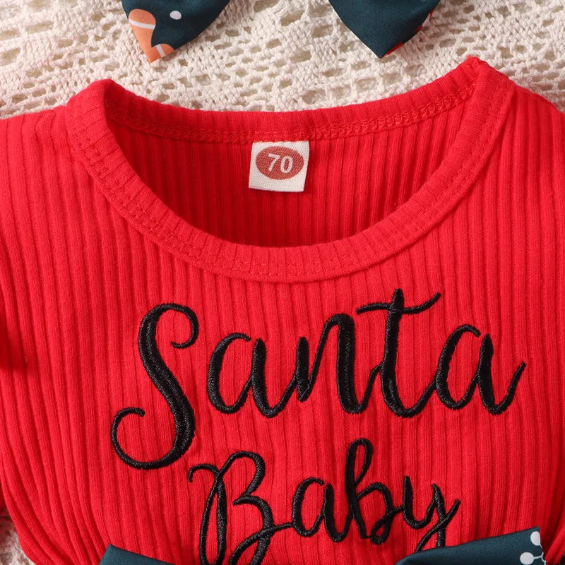 Christmas Newborn Baby Girls Romper with Santa Hat Print & Headband Outfit
