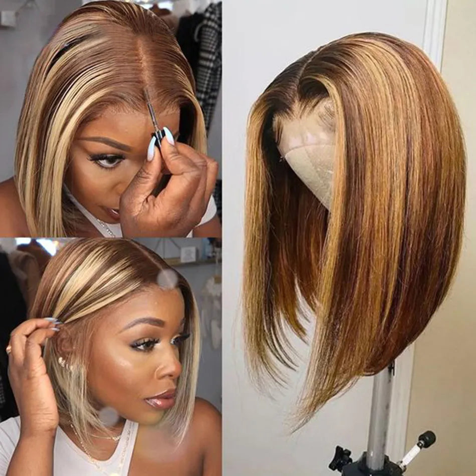 Highlight Bob Wig Remy Human Hair Straight Short Bob Wig 13x4 Lace Front Bob Lace Frontal Wig
