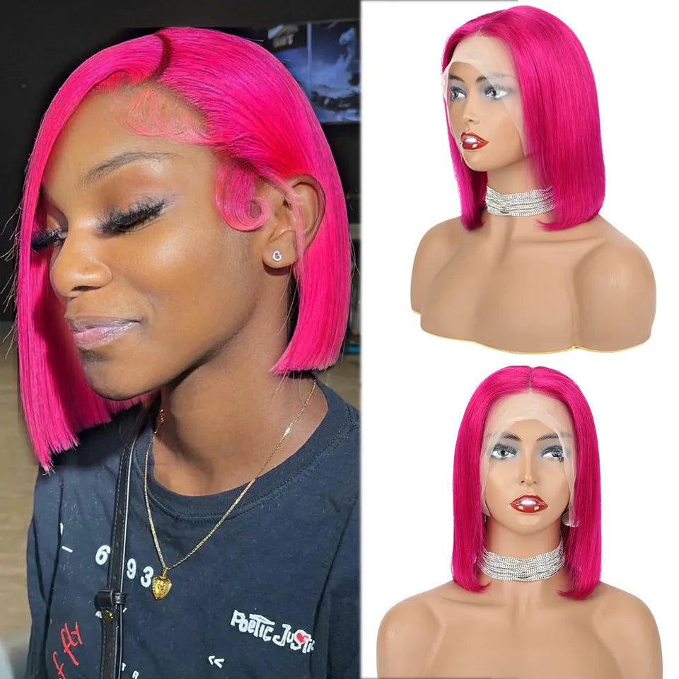 Premium Hot Pink Short Hair Wigs with 13x4 HD Transparent Lace Front for Sale