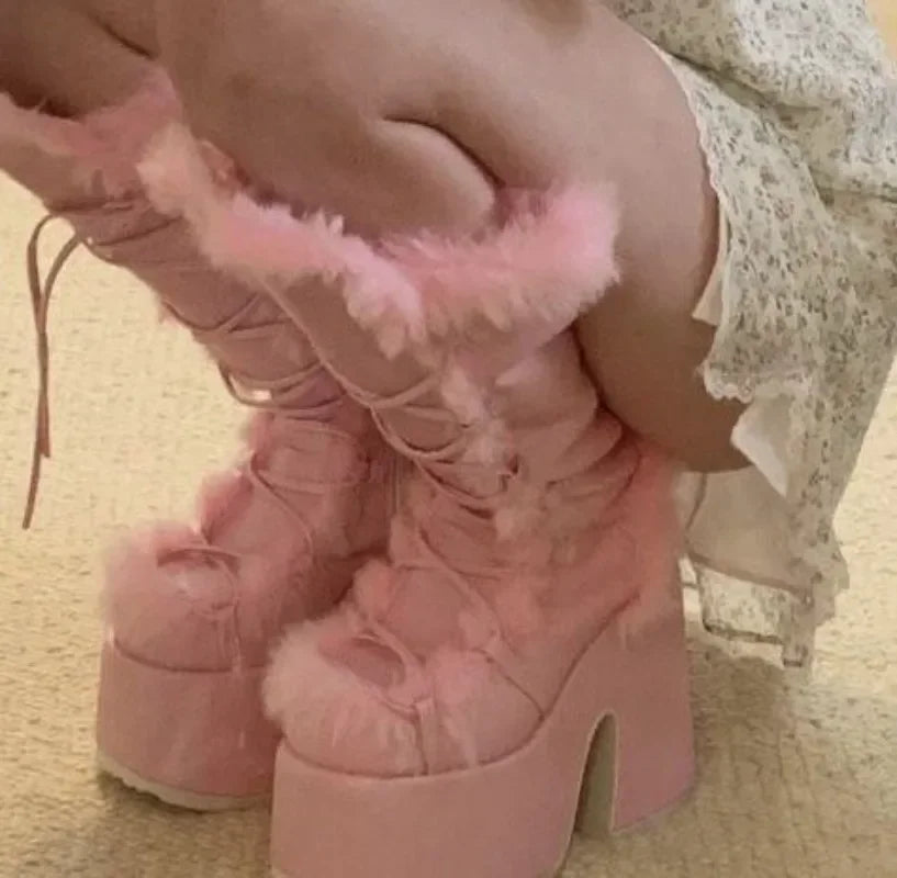 elegant winter husky Wedge High Heel Faux Fur Plush Warm Non-slip boots